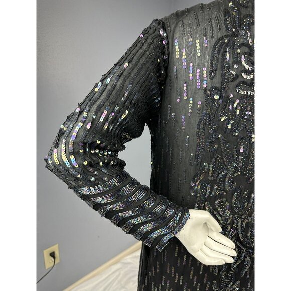Vtg Fantasy By Lisa Kane Pure Silk Embellished Black Beaded Dress 36” Bust - Picture 12 of 16